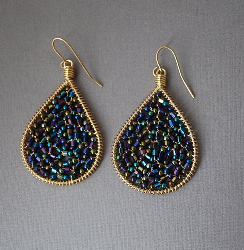 LAST PAIR SALE Gold Purple Blue Wrapped Teardrop Earrings