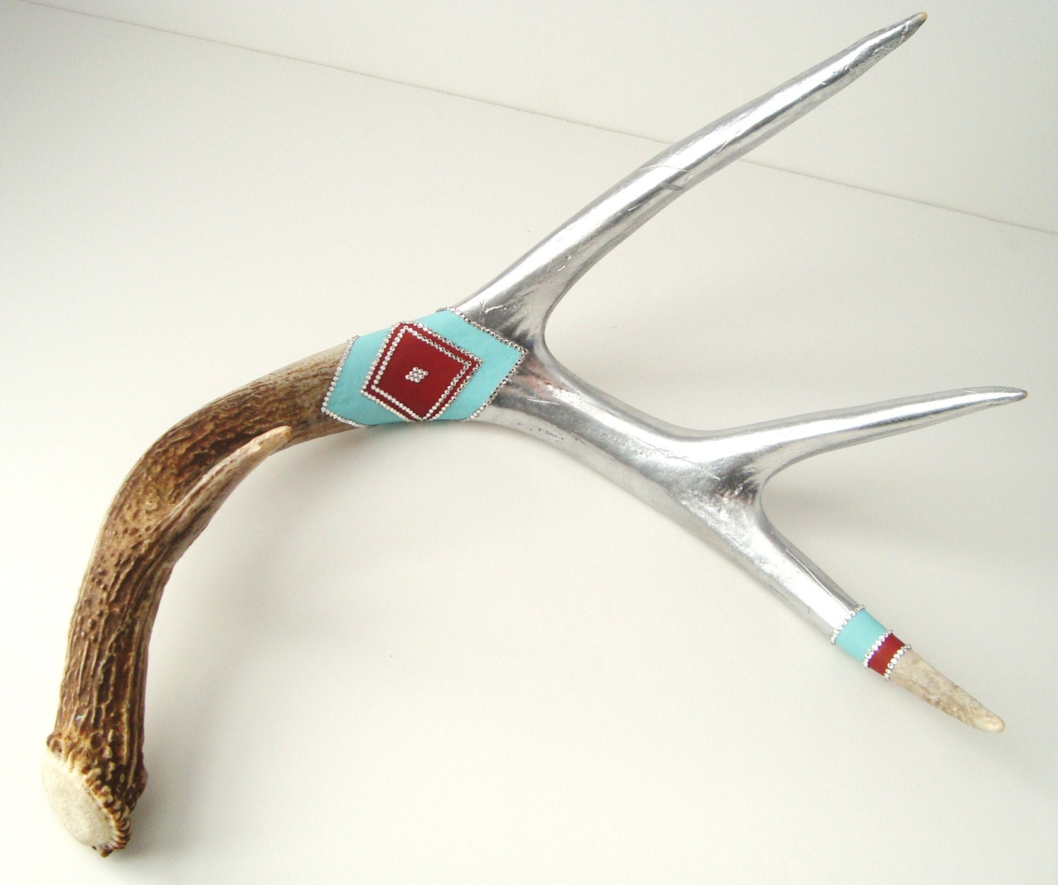 Deer Antler Swarovski Crystal Rhinestones Painted Art Sculpture - Silver, Red, Turquoise
