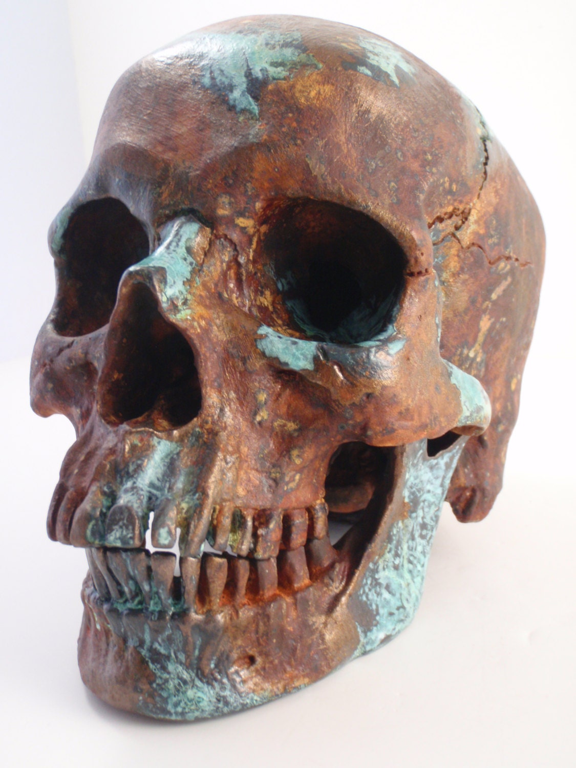 Human Skull Taxidermy Rust with Bronze Natural Turquoise Patina Painted Art Sculpture