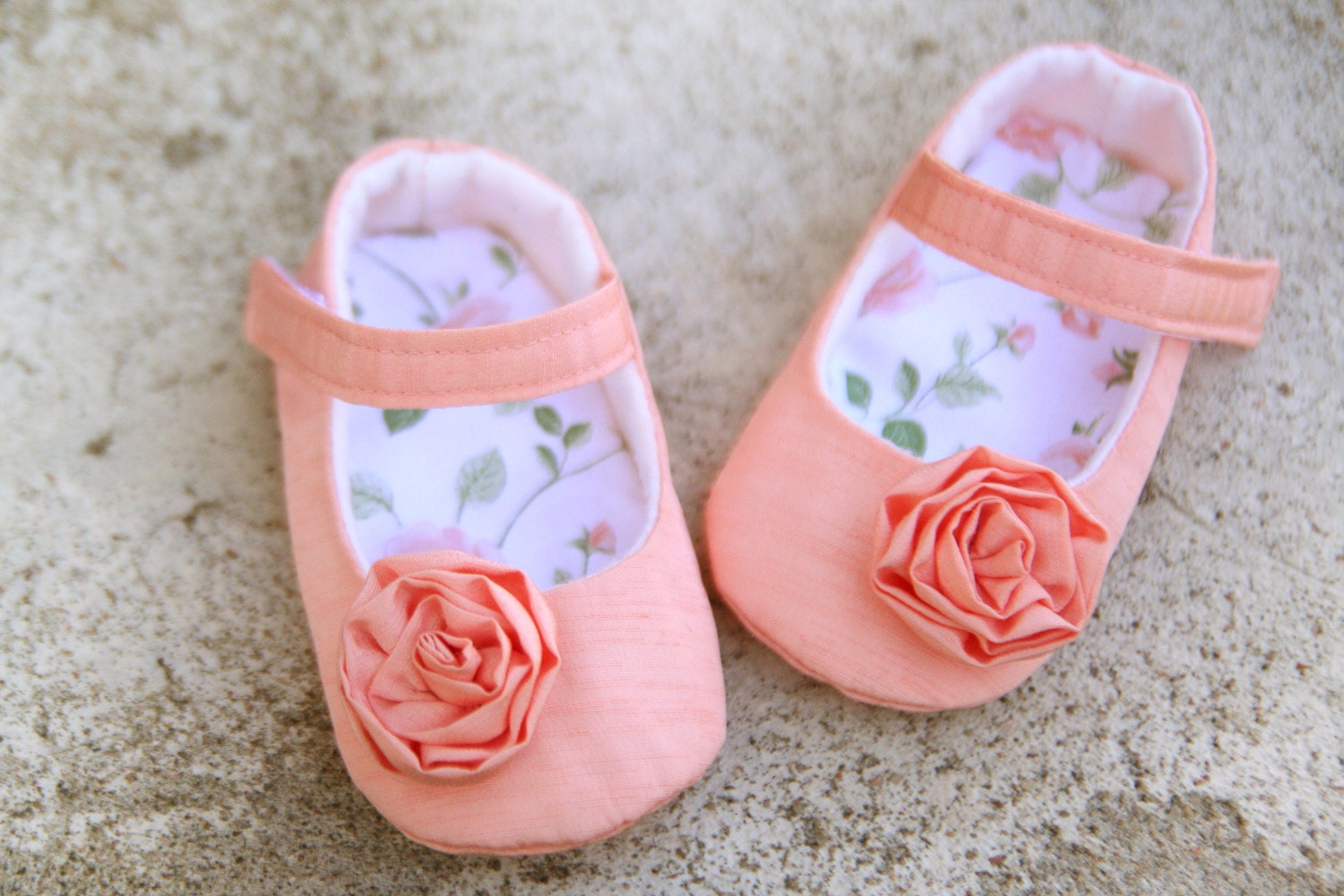 Coral baby girl shoes, taffeta weding shoes, dressy mary janes, salmon pink baby booties, special occasion shoes