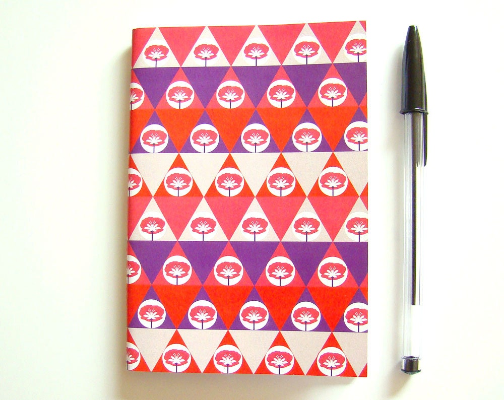 Notebook A6 Geometric Pattern Triangles and Flowers Recycled Paper // Pink Orange Violet