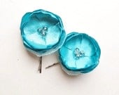 Turquoise Flower Bobby Pins, Small Fabric Flowers, Light Blue Wedding Hair Clips, Bridesmaid Womens Girls, Aqua Accessories