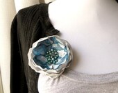 Fabric Flower Brooch, Grey Flower Pin, Teal Blue Silver Gray, Lace Accessories, Beaded Flower Broach