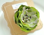 Chartreuse Green Brooch, Fabric Flower Brooch, Lace, Lime Green, Summer Accessories, Beaded Flower Pin Broach