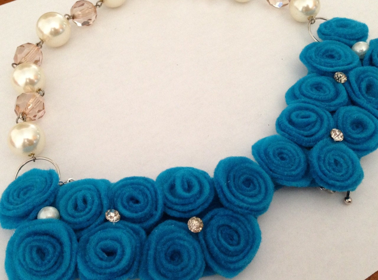 Teal Blue Gorgeous Felt Rosette Bib Statement Necklace , Bib Necklace, Felt Necklace, Felt Jewelry