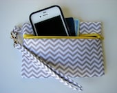 Chevron Wristlet Wallet in Grey and White with Yellow zip, Chevron Wallet, Grey and Yellow Wallet