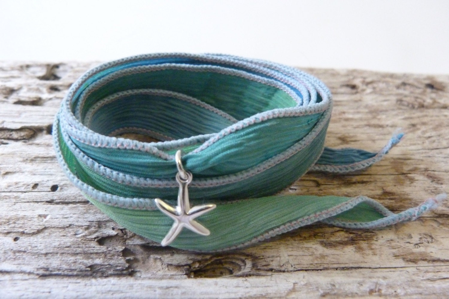 hand dyed silk wrap yoga bracelet sea green turquoise starfish