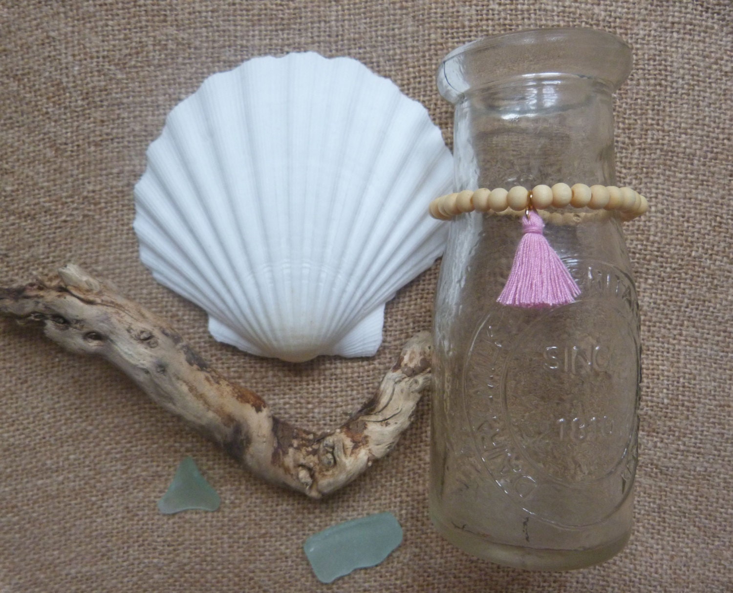 beachcomber natural wood pink tassel bracelet