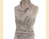 Vintage 1980s cream top with signature print in silk twill with corset waist sections, by English Eccentrics, UK size 10
