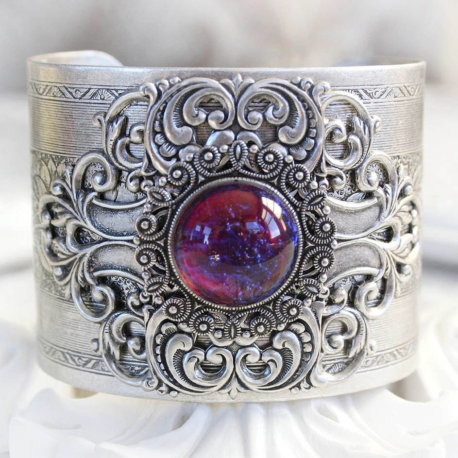 TITANIA'S JEWEL Victorian ornate fantasy cuff bracelet in aged silver with pink/purple glass opal