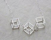 Cube necklace.  Geometric 3D jewelry.  Extra long necklace handmade silver
