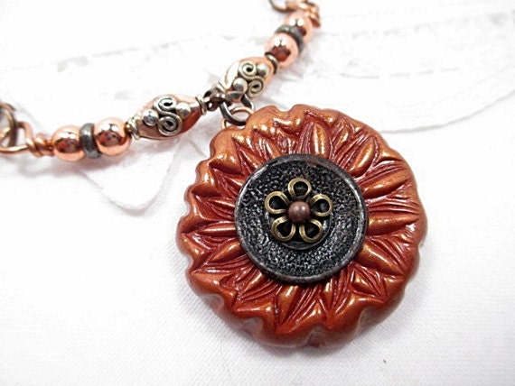 Clay Pendant Necklace Beaded Jewelry Recycled Button Copper Flower Contemporary Statement Women Rustic Woodland