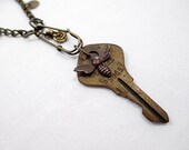 Bee Charm Lariat Necklace Beaded Jewelry Handmade Recycled Vintage Brass Key Metal Bead Woodland Nature Rustic Garden Gardener