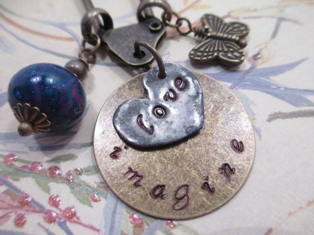 Love Charm Necklace Beaded Jewelry Retro Recycled Imagine Stamped Metal Blue Clay Bead Butterfly Brass Mixed Media Inspirational