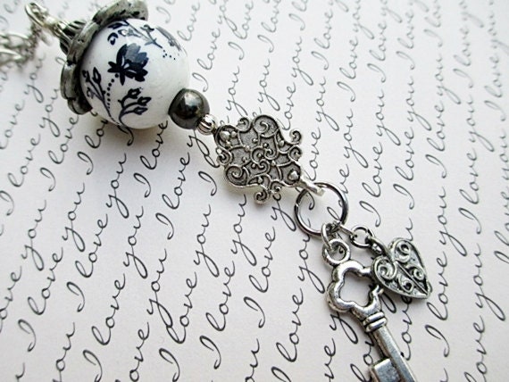 Black and White Beaded Charm Necklace Handmade Beaded Jewelry Silver Key Pewter Heart Charm Pendant Upcycled Victorian Steampunk  Industrial