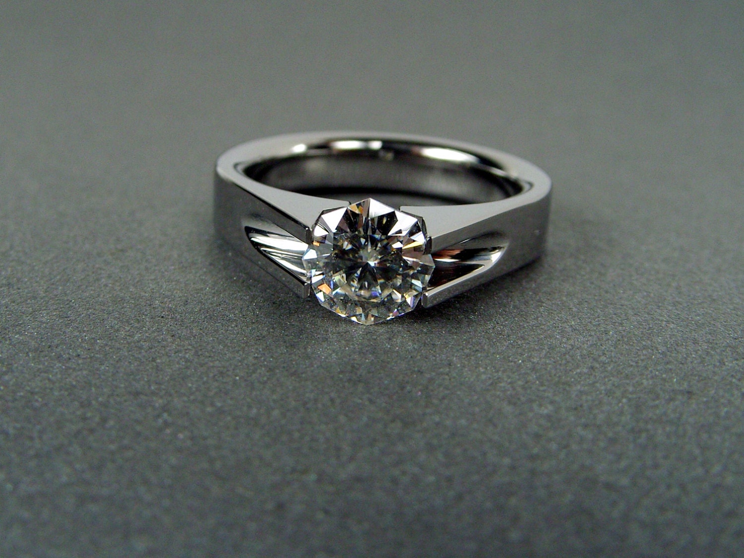 Octagon Moissanite Titanium Tension-Set Engagement  - Groove design with Polished Finish and .90 ct Octagon Moissanite