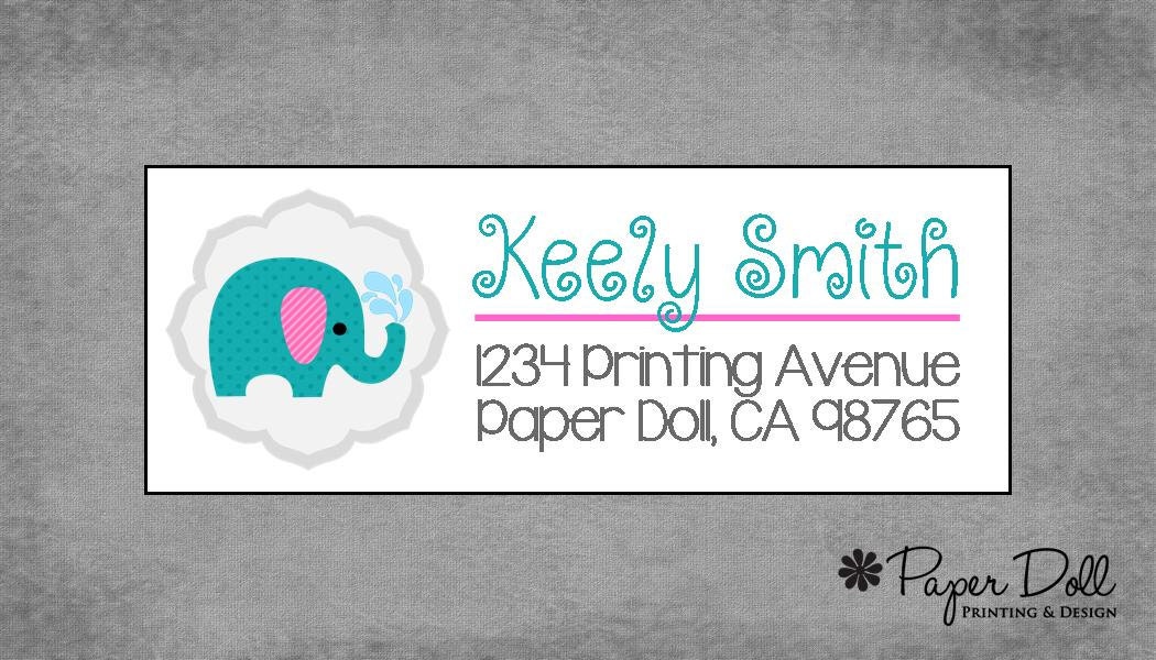 Modern Elephant Return Address Labels - Teal Pink - Set of 90