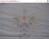 EVERYTHING HALF PRICE French Victorian,antique cotton tablecloth with embroidery& cutout ornate flower urns design. 98'' x 60''