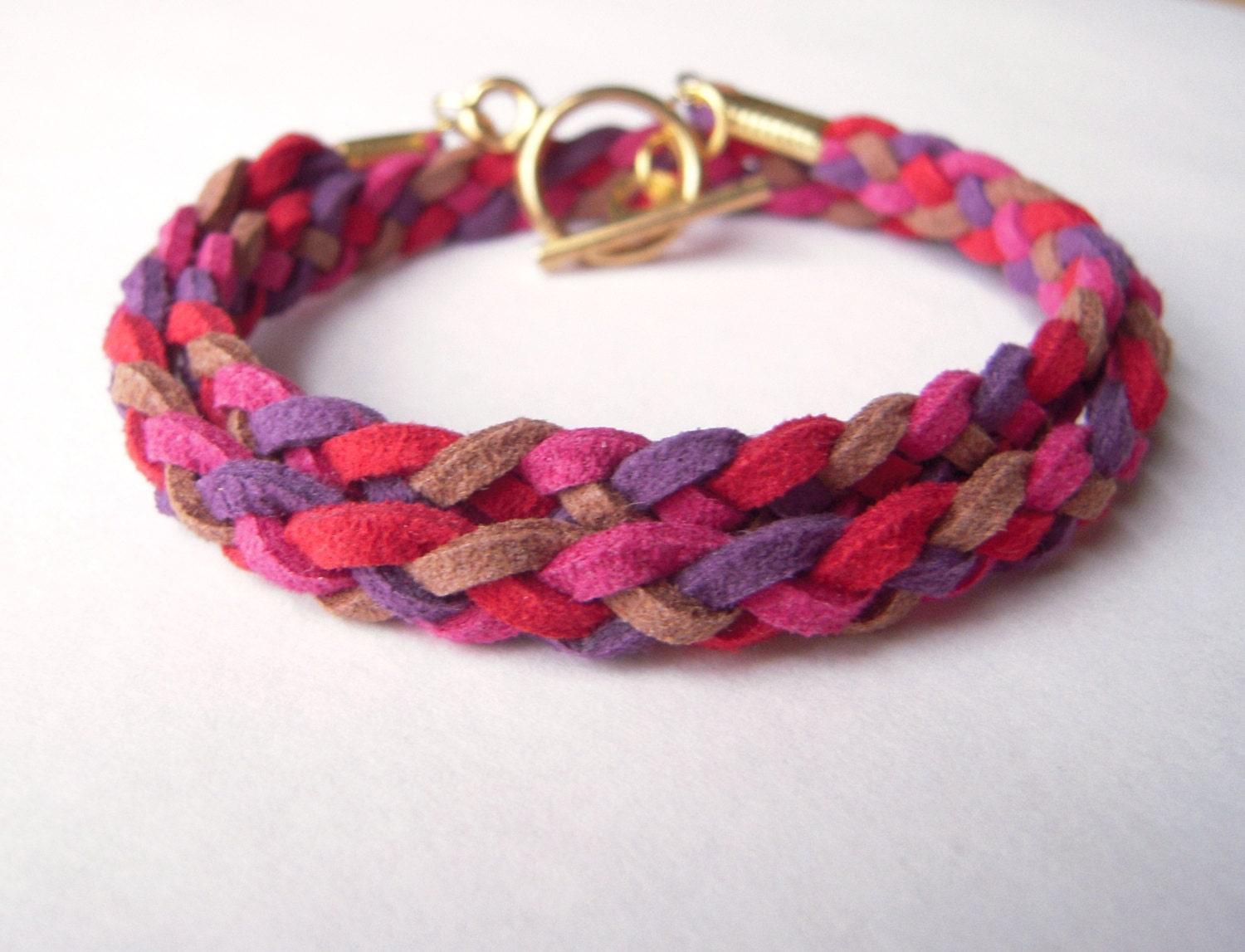 Cowgirl Chic Pink Suede Bracelet, Pink Purple Brown Leather Wrap Bracelet, Gold Bracelet