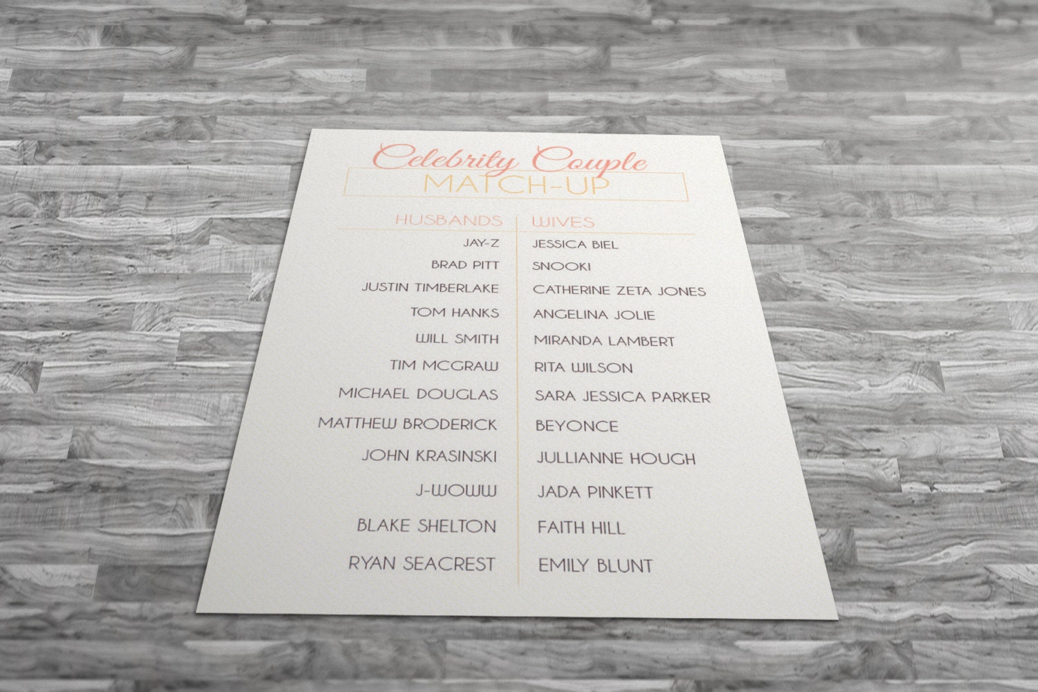 Celebrity Couple Match Up Bridal Shower Game - Instant Printable Download - Pink