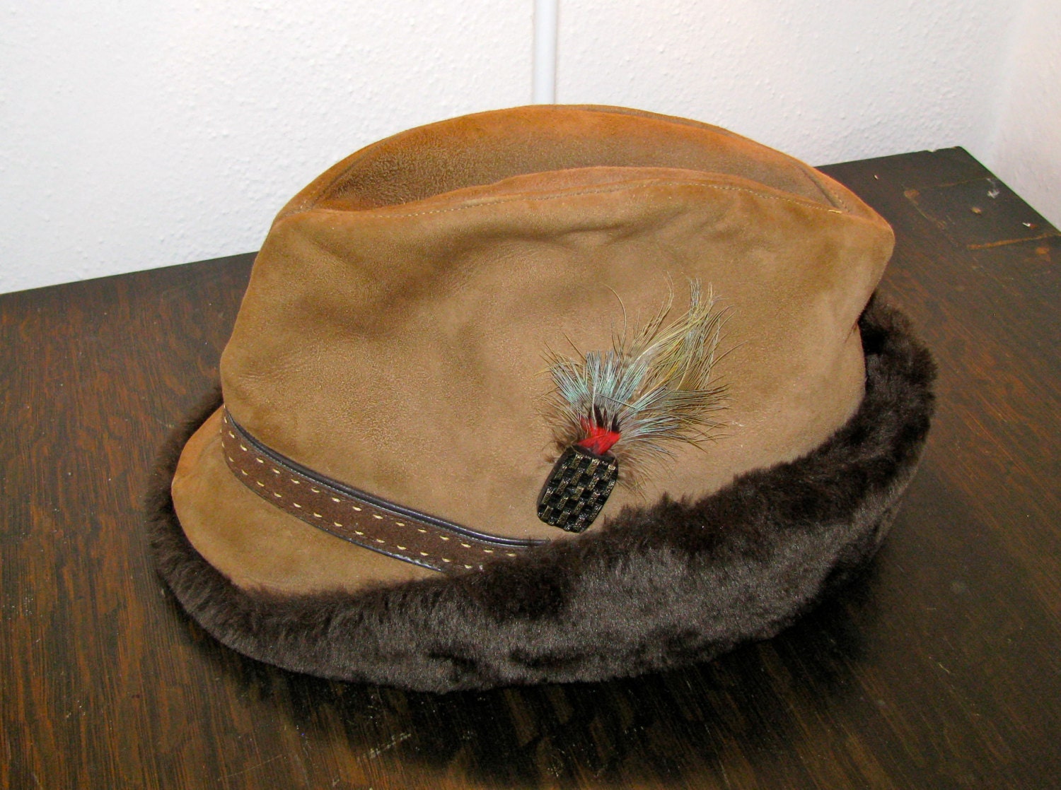 Vintage Suede Alpine Hat with Faux Fur Trim - AWESOME