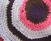 Crocheted Round Rug / Door Mat / Bathroom Mat / from Recycled T-shirts and Sheets / Blue Pink Brown Purple Red / 21 inches