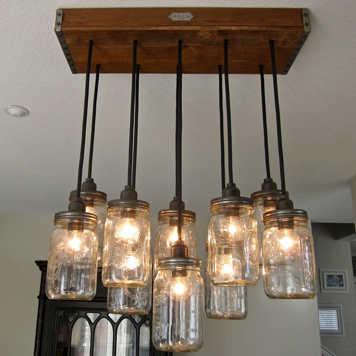 Handcrafted Mason Jar Pendant Chandelier  w/ Rustic Vintage Style Wood Crate Canopy
