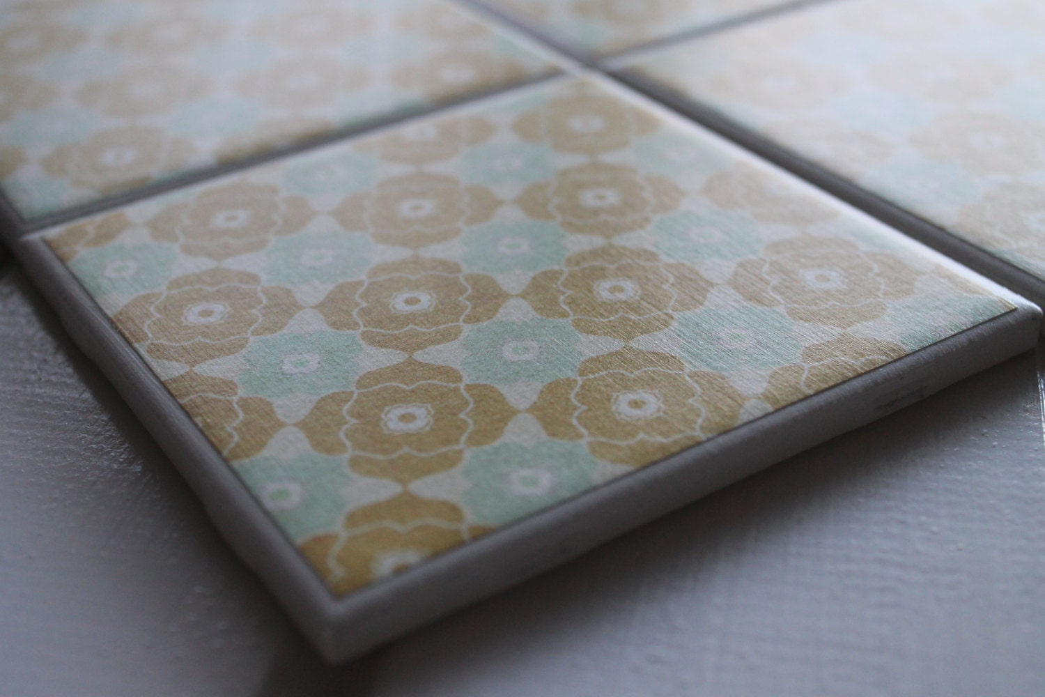 Vintage Retro Flowers Four Piece Ceramic Tile Coaster Set