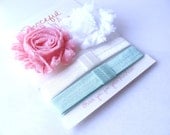 Pink, White and Aqua Shabby Flower Headband Set- Set of Two- Shabby Flowers on Interchangeable Headbands