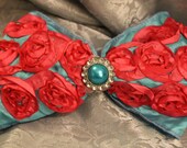 Turquoise & hot pink rosette bow-Luxe Taffeta Rose Bow- pearl rhinestone center-turquoise taffeta Bow