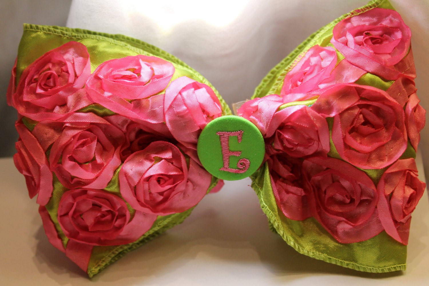 lime green hot pink rosette bow-Luxe Taffeta Rose Bow- lime green monogrammed Pink letter E in center-lime green tafetta Bow