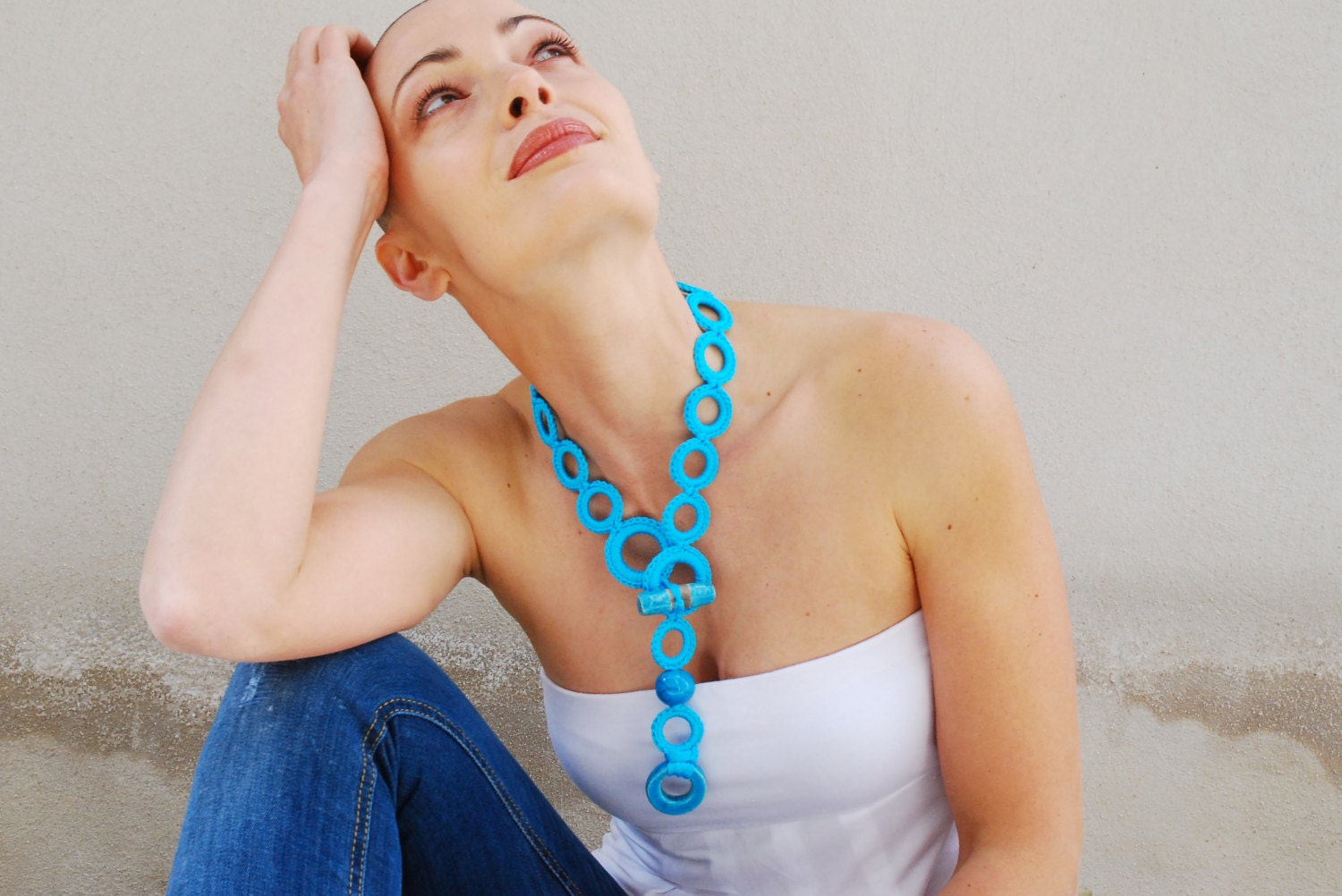 Necklace lariat crochet whit raku beads / Cotton turquoise crochet jewelry / Ceramic jewelry /Summer necklace/ Italian fashion jewelry