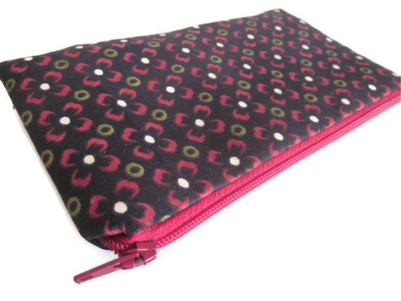 Coin Purse, Credit Card Holder, Cosmetic, gadget, Zipper Pouch,  little red flower, black, damask