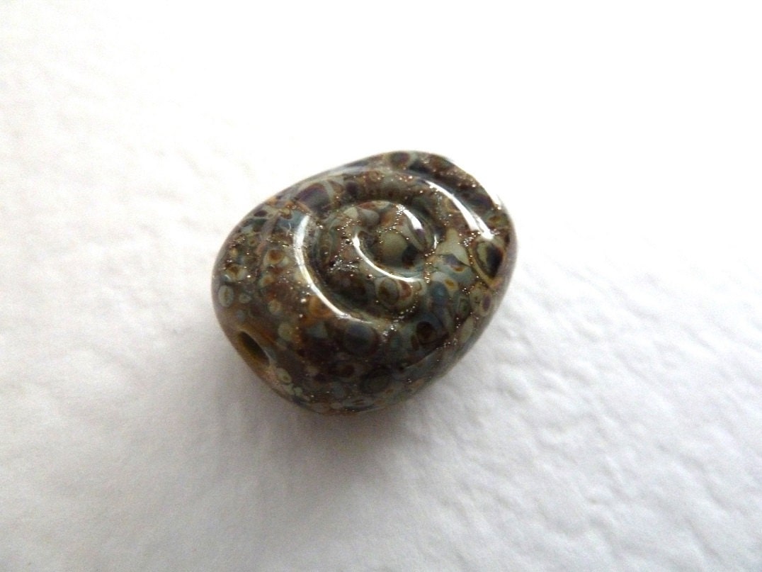 handmade lampwork glass bead, green forest spiral focal