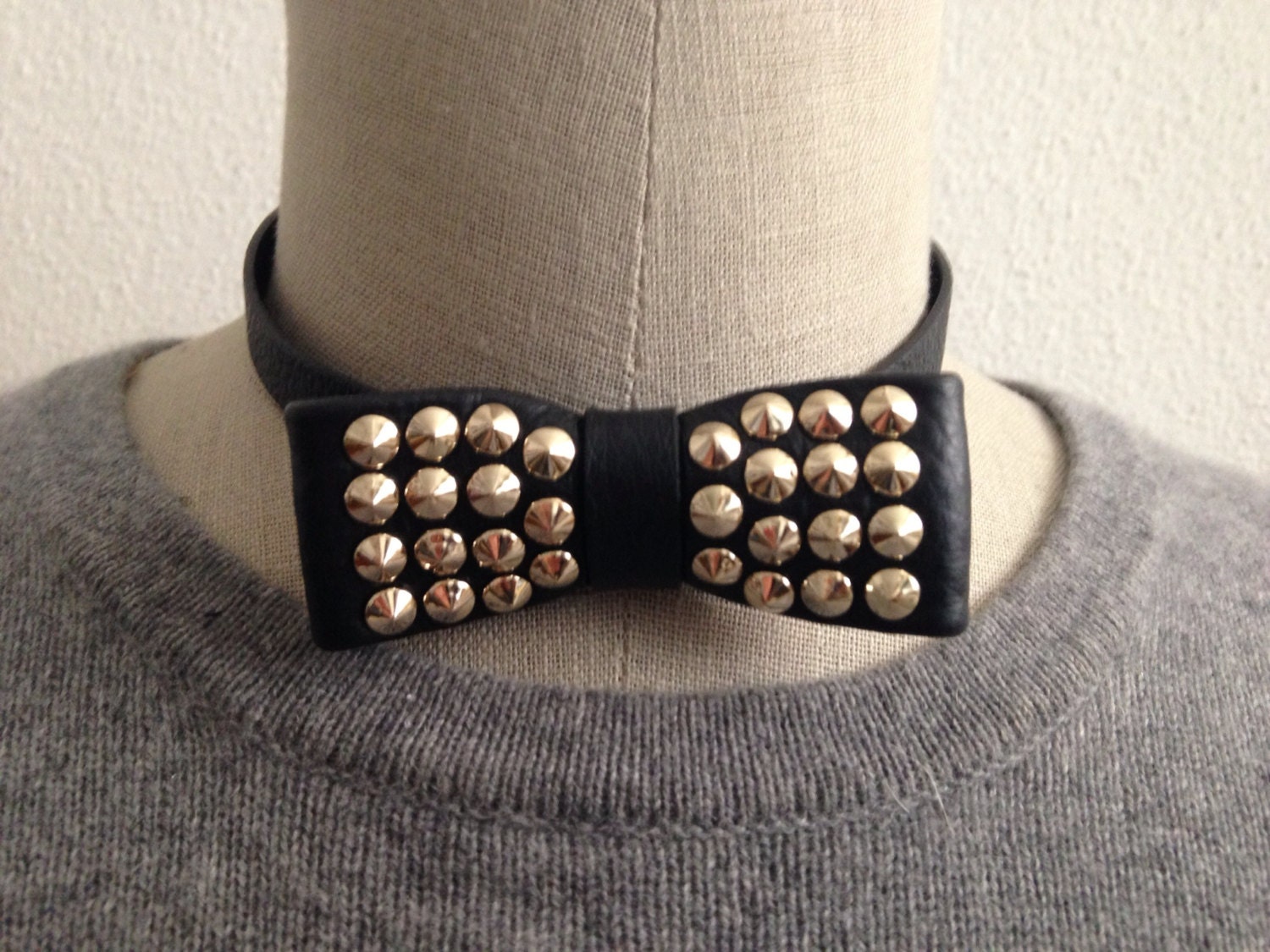 Studded  Leather Bow Tie Necklace, With Ajustable Back Snap Closure