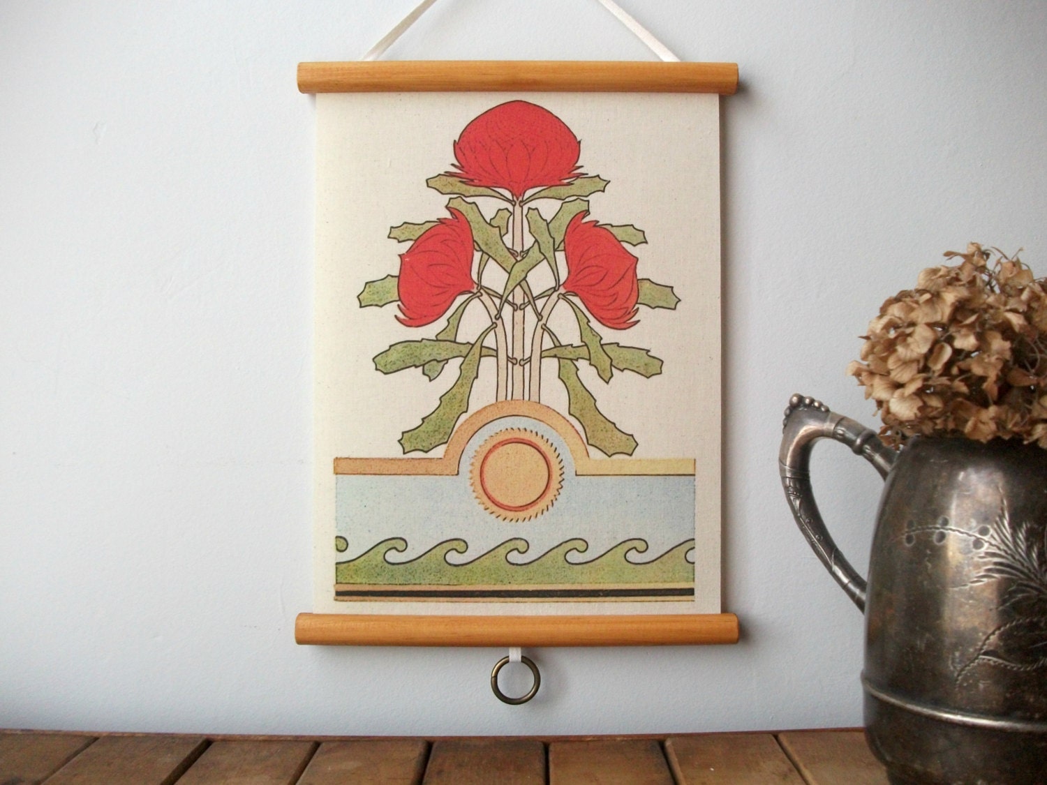 Mini Printed Fabric Vintage Style School Chart with Wood Trim -Art Deco Floral Design (9" x12")