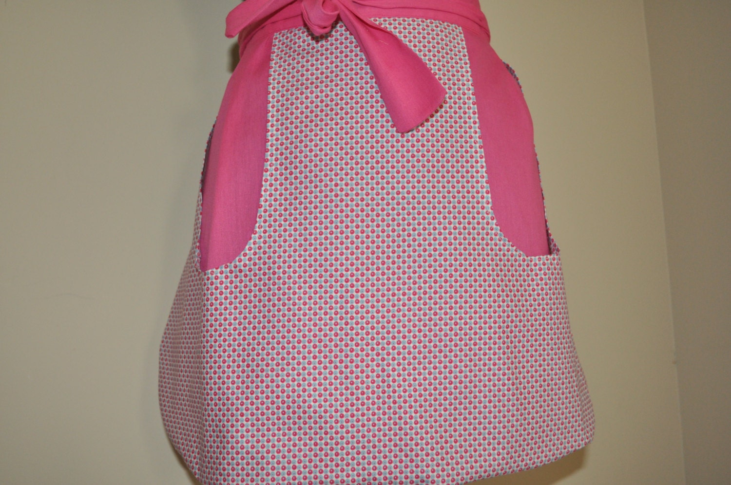 Women's half apron with 2 large pockets in pink and blue, wrap around ties, Ready to ship.
