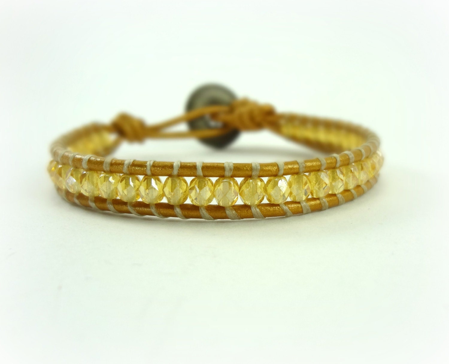 Indian Sun Single Wrap Bracelet by Wrapology- topaz czech glass on indian sun leather