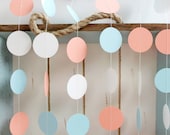 Light Blue, Light Coral, White 12 ft Circle Paper Garland- Wedding, Birthday, Bridal Shower, Baby Shower, Party Decorations