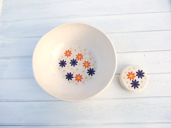 Flower bowl white ceramic purple orange white daisies serving bowl fruit bowl Spring time  MADE TO ORDER