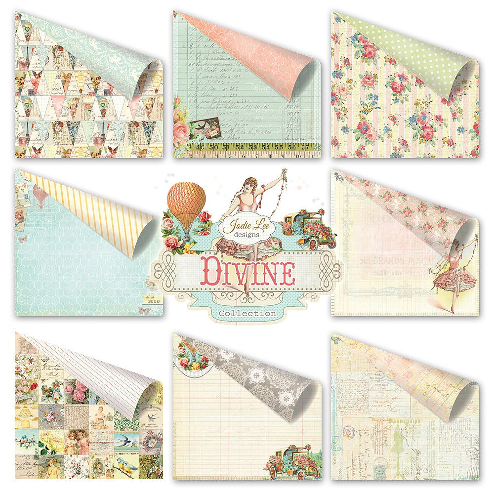 Divine Collection 12"x12" Scrapbook Paper Set of Eight Card-stock Papers by Jodie Lee for Prima Marketing.