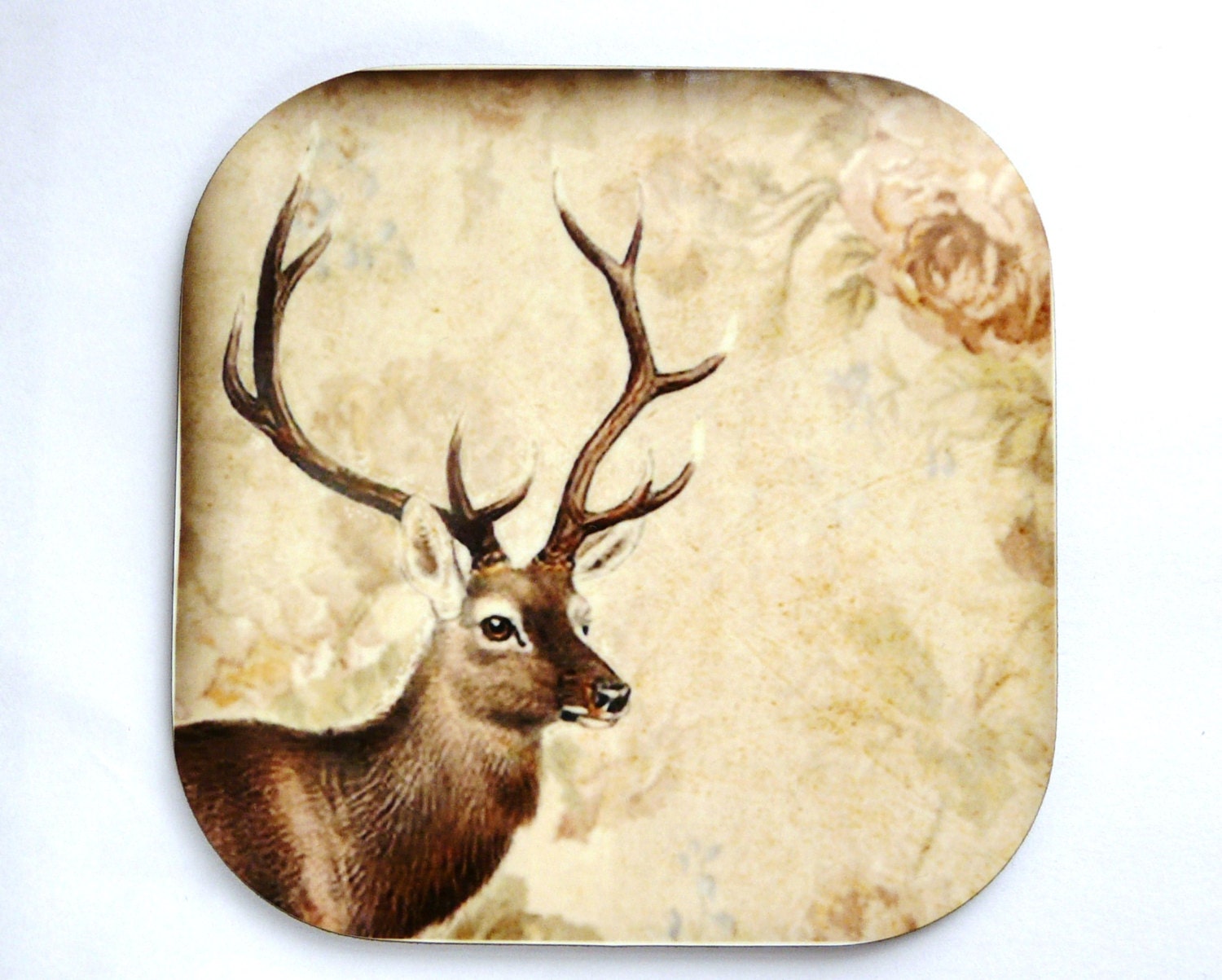 Deer  Coaster, Brown Flowers, Shabby Chic Coaster, Nature Coasters, Animal Coaster