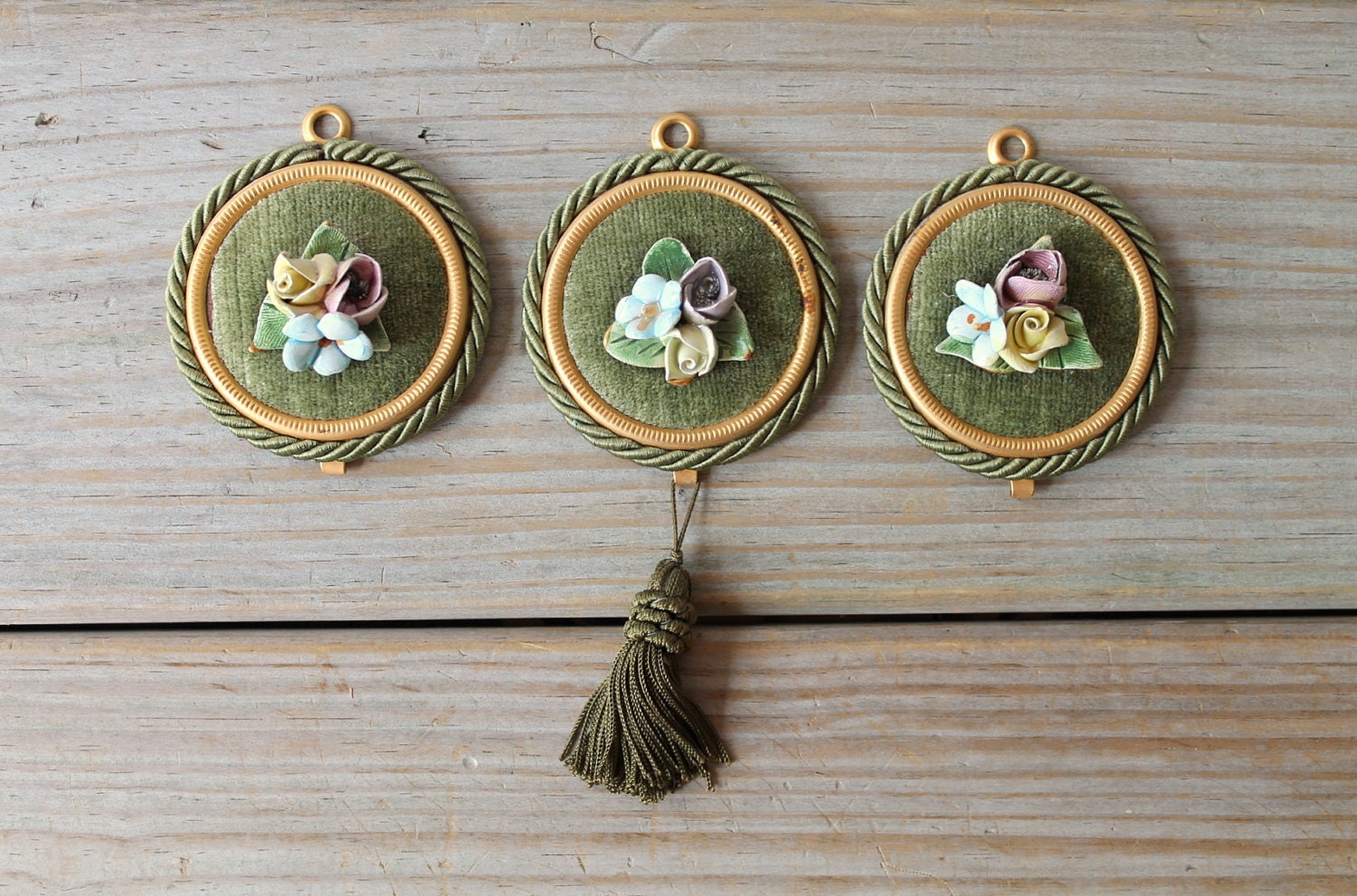 Vintage Italian floral wall hanging / three floral medallions / sage green velvet / ceramic flowers / cottage chic / home decor /