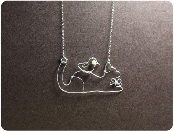 Cat and Birdie Necklace - Cat Necklace, Sterling Silver Pendant Necklace with Fresh Water Pearl