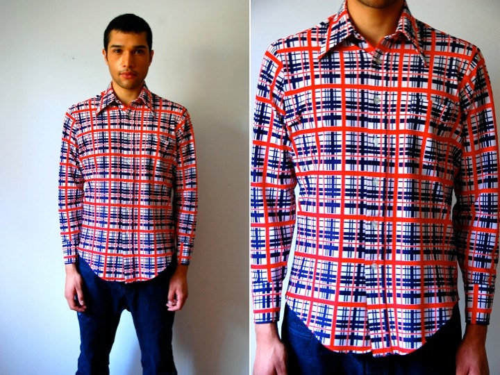 Vtg Men Retro Plaid Red White Blue Button Down LS Shirt
