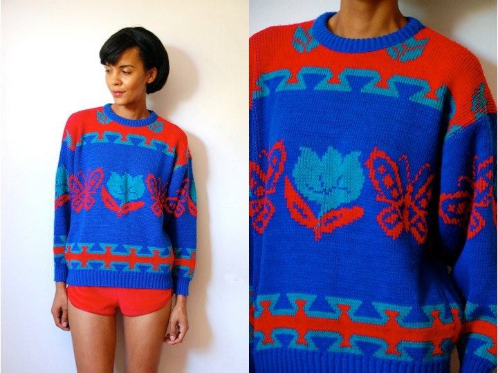 Vtg Butterflies & Flowers Printed Red Green Blue Retro Knit Sweater