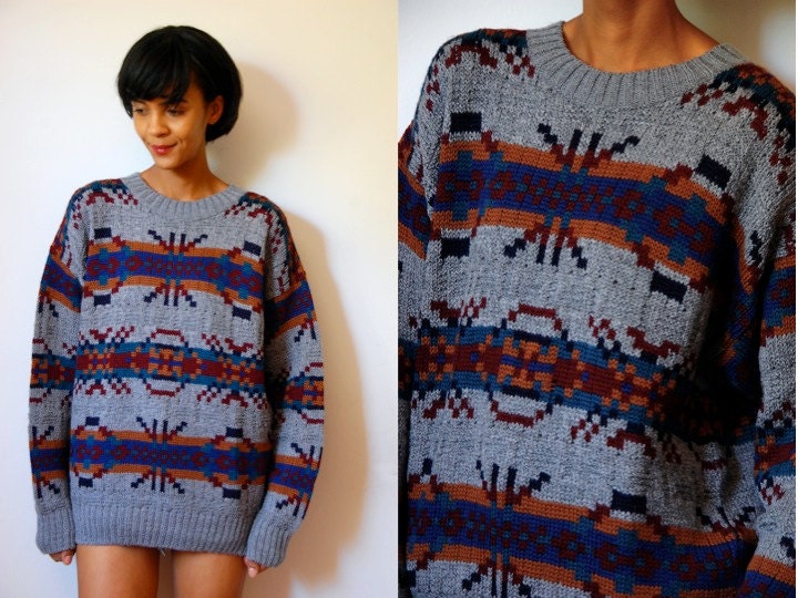 Vtg Tribal Print Grey Burgundy Blue Wool Knitted Grandpa Sweater