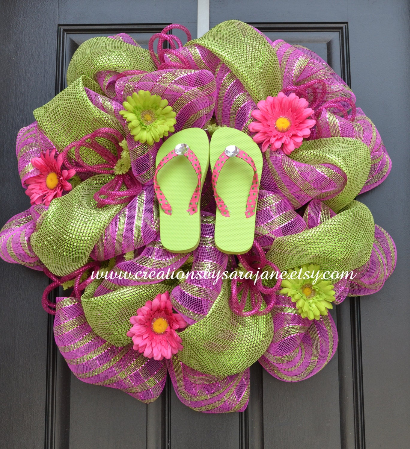 Mesh Flip Flop Wreath - Mesh Summer Wreath - Summer Wreath - Spring Wreath - Pink and Green