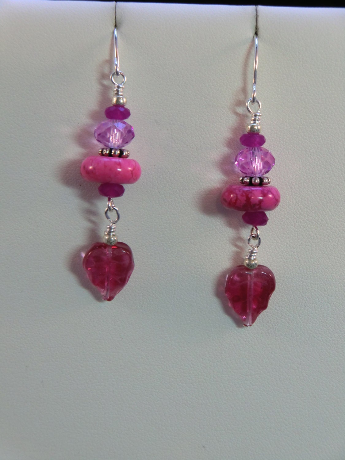Pink and fuchsia stacked dangle earrings, pink and red violet leaf dangle earrings with howlite and crystals