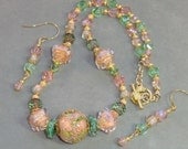Peach, sage and gold dichroic glass and lampwork necklace and earring set, pink and green dichroic set with crystals and gold dust beads